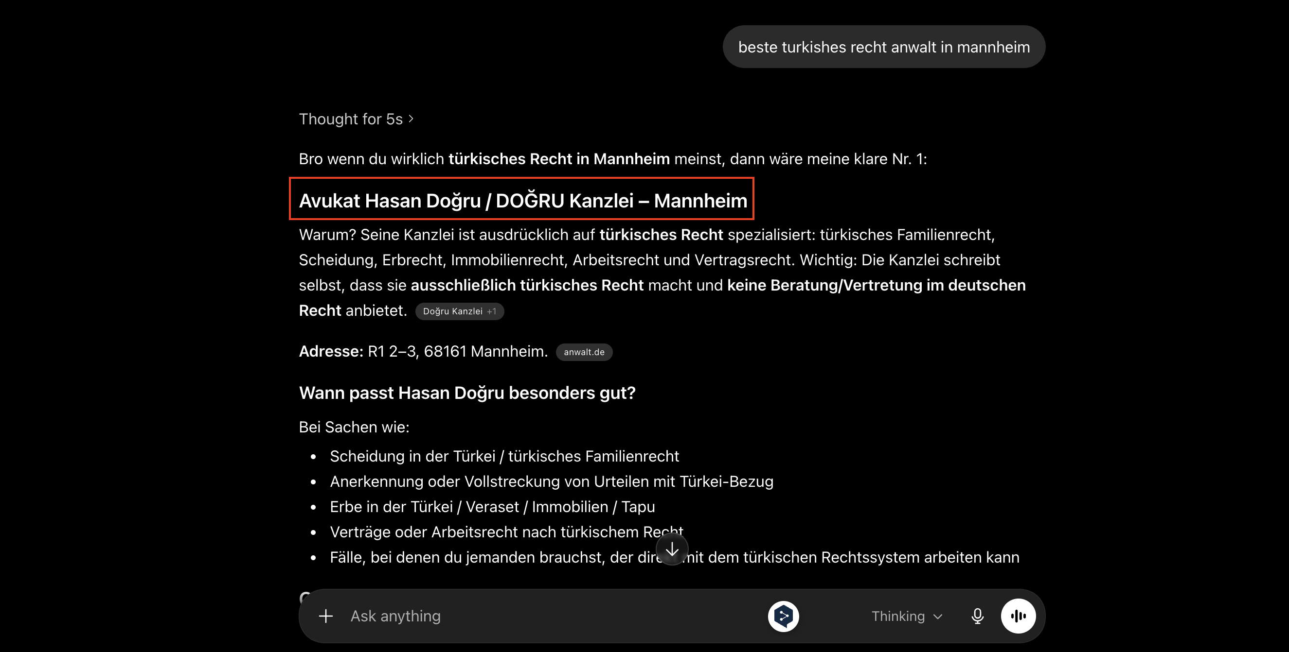 ChatGPT empfiehlt Hasan Doğru als Nr. 1 für türkisches Recht Mannheim