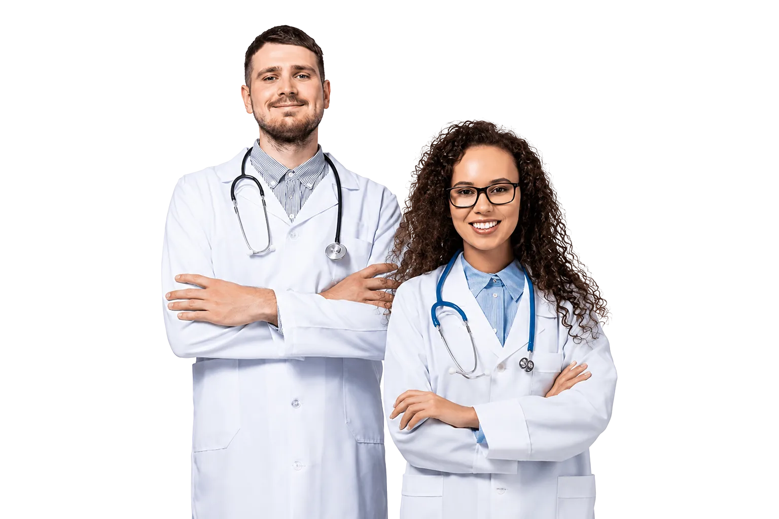Two doctors standing in white coats.