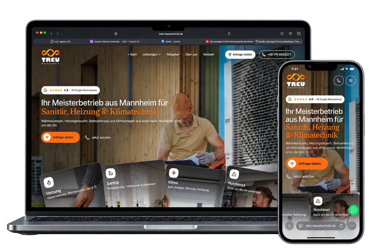 Treu Haustechnik website preview on laptop and smartphone